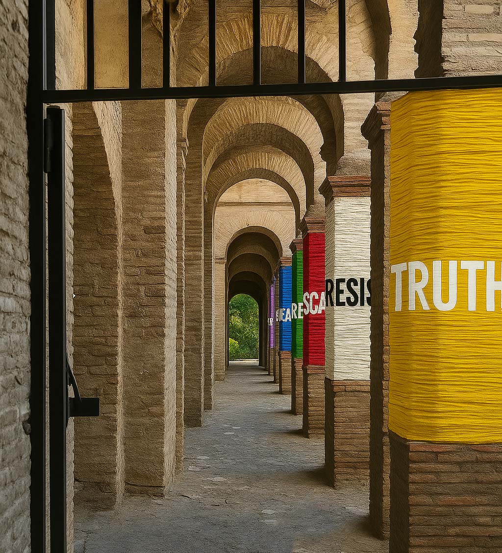 Arched passageway with colorful murals on the walls, featuring the word 'TRUTH' on a yellow wall.
