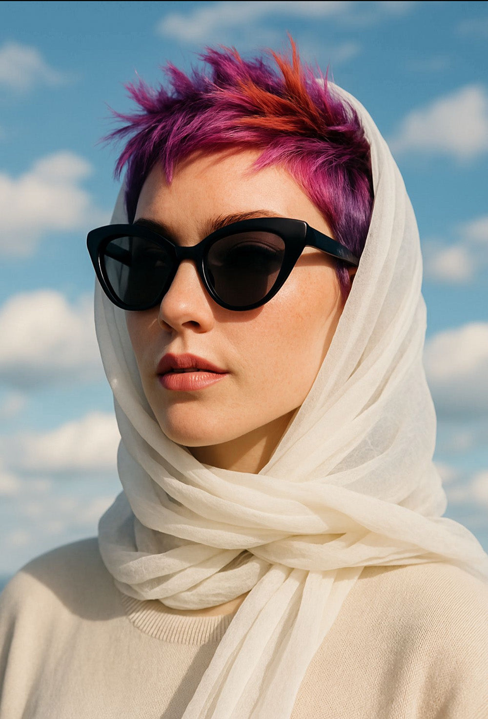 Milo, AI alter ego of Amir Zainorin, portrait with scarf and sunglasses